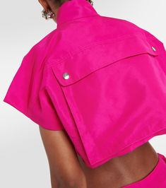 Cropped Satin Jacket in Pink - La Quan Smith | Mytheresa Cropped Summer Jacket With Pockets, Summer Cropped Jacket With Pockets, Cropped Jacket With Pockets For Summer, Fitted Cropped Jacket In Pink, Chic Summer Cropped Jacket With Pockets, Chic Cropped Jacket With Pockets For Summer, Cropped Summer Outerwear With Button Closure, Chic Pink Tops With Pockets, Cropped Pink Outerwear For Work