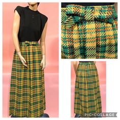 "Incredible Vintage Condition! True Vtg 60's Plaid MAXI SKIRT -Mustard Yellow-Green-Orange  -Bow in Front  -Pleated in the Back-MOD! What KNOCK OUT COLORS!  This Skirt is a conversation piece! Beautifully custom-made skirt! Made with GORGEOUS Plaid Wool FABRIC! Lined in Mint Green Rayon  Zips in back Measurements: Waist-24\" Hips-38 Length-40\" Please take a moment to look at the other cool and eclectic vintage items I have here in my Etsy shop.  Follow Chez Gigi Studios for new daily listings! Retro Pleated Skirt For Fall, Retro Fall Skirt For Vintage Fashion, Retro Green Skirt For Fall, Vintage Multicolor Skirt For Fall, Mustard Yellow Plaid Skirt, Plaid Maxi Skirt, Yellow Plaid Skirt, Yellow Plaid Mini Skirt, Vintage Plaid Full Skirt