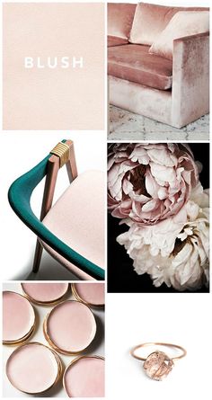 a collage with pink and gold furniture, flowers, and other things in it