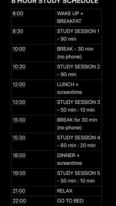 the 8 hour schedule is shown in black and white