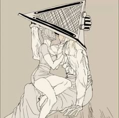 a drawing of two people sitting on a bench with a tennis racket over their head