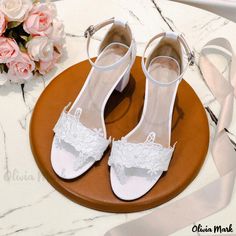 Olivia Mark - White Lace Floral Chunky Heel Sandals with Ankle Strap Bridal Shoes Summer Wedding Shoes With Block Heel In Synthetic Material, Summer Wedding Shoes With Block Heel In Synthetic, Flat Heel Synthetic Wedding Shoes For Summer, Synthetic Flat Heel Wedding Shoes For Summer, Flat Heel Synthetic Sandals For Wedding, Summer Wedding Shoes With Flat Heel And Heel Strap, Chunky Heel Sandals, Chunky Heels Sandals, Buckle Sandals