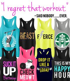 there are many different types of tank tops on this page, including one that says i regret that work out