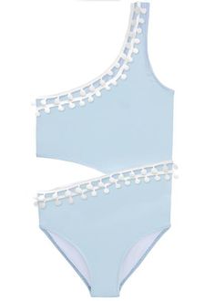 Baby Blue Bathing suit with white pom poms and side cut. See also matching cover ups. Playful Light Blue Swimwear For Summer, Playful Light Blue Swimwear For Pool, Playful Light Blue Swimwear For Spring, Playful Fitted Light Blue Swimwear, Playful Light Blue Fitted Swimwear, Blue Sleeveless Swimwear, Preppy Swimsuit, Beachwear Brands, Blue Bathing Suit