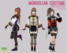 three different types of costumes for females with long hair and short legs, all in various colors