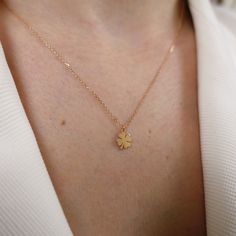 "\"14k Gold CLOVER LEAF Shaped Minimal Necklace, Good Luck Gifts, 14k Gold Customized Chain and Lock | Shamrock Necklace | Gift for Her\" Clover leaf shaped pendant with minimalist shape and elegant chain. An elegant and delicate jewel symbolizing luck.. ∙ P R O D U C T I O N ∙ ‣ All of our products are handmade and made to order ‣ All of our items are 14K real gold. We do not carry any gold filled, gold plated, or gold vermeil items. Also there are no other metals used so all items are hypoalle Rose Gold Charms Jewelry For Gift, Rose Gold Charms Jewelry Gift, Rose Gold Jewelry With Charms For Gift, Elegant Tarnish-resistant Jewelry For Birthday Gift, Dainty Pendant Jewelry For Birthday, Handmade 14k Gold Jewelry For Birthday, Minimalist Charm Jewelry For Birthdays, Minimalist Jewelry With Charms For Birthday, Minimalist Jewelry For May Birthstone Birthday