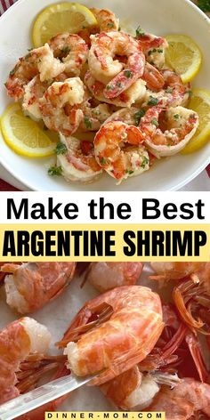 two pictures with shrimp and lemons on them