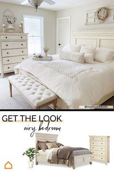 the before and after pictures show how to decorate a bedroom with white furniture, linens, and pillows