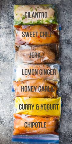 the 7 freezable chicken marinades are on display in their packages, with text overlay