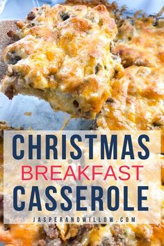 christmas breakfast casserole on a spatula with text overlay