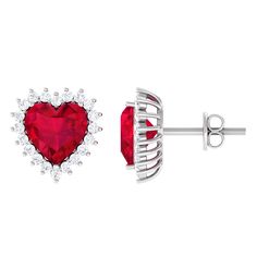 Heart Shape Created Ruby Stud Earrings with Diamond Halo Lab Created Ruby - ( AAAA ) - Quality - Rosec Jewels Ruby Stud Earrings, Ruby Earrings Studs, Heart Stud Earrings, Ruby Gemstone, Heart Studs, Heart Earrings Studs, Fine Earrings, Diamond Halo, Elegant Jewelry