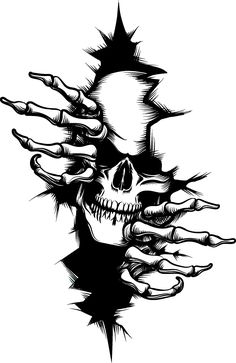 a black and white drawing of a skull with hands coming out of it