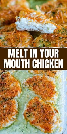 some food that is on top of a pan with the words melt in your mouth chicken