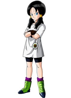 an anime character with black hair and green boots standing in front of a black background