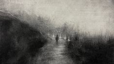 a black and white photo of people walking down a path in the woods on a foggy day