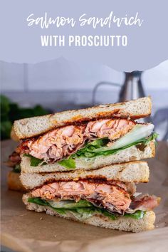 salmon sandwich with prosciutto on a cutting board