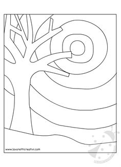 a coloring page with an image of a tree and swirls in the center, which is