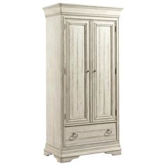 an antique white armoire with drawers on the front and bottom, against a white background