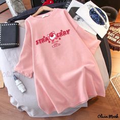 Olivia Mark - Nursing Top for Stylish Moms: Short-Sleeve Strawberry Bear Maternity Shirt for Breastfeeding on the Go Strawberry Bear, Nursing Top, Maternity Shirt, Go Pink, Stylish Mom, Pink Star, Nursing Tops, Sleeves Clothing, Pregnancy Shirts