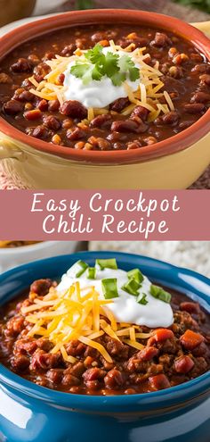 easy crockpot chili recipe in a blue bowl with sour cream and cheese on top