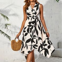 Lasaky - Chic Sleeveless Leaf Print Knotted Irregular Hem Dress Design Elegant Midi Dresses, Sleeveless Long Dress, Irregular Hem, Mini Robes, Maxi Robes, Midi Dress Summer, Mid Length Skirts, Women Midi, Spring Summer Dress