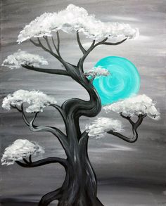 a painting of a tree with blue moon in the background