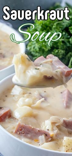 a spoon full of soup with ham and cheese