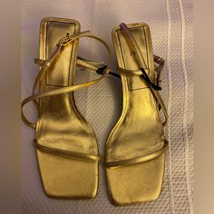 New Zara Gold Heels. Tags On . Has Some Minor Scuffs Probably From Moving Them Around That’s Why Selling Cheaper. Heel 3” Fits Size 9 Up To 10 Gold Heels With Heel Strap And Square Toe, Gold Square Toe Sandals For Party, Gold Heels With Wrapped Heel And Square Toe, Gold Square Toe Sandals For Evening, Chic Gold Square Toe Sandals, Gold Square Toe Evening Sandals, Gold Square Toe Heels For Party, Gold Heels With Square Toe For Party, Gold Low Heel Sandals For Night Out