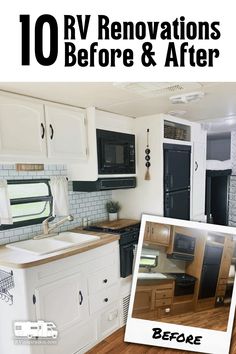 a kitchen with white cabinets and black appliances in the background is an advertisement for rv renovations before and after