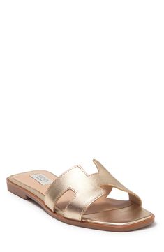 This luxe slide sandal is a contemporary footwear staple that exudes modern flair.Sizing: True to size. Sandal Women, Gold Leather, Slide Sandals, Nordstrom Rack, Open Toe, Rubber Sole, Womens Sandals, Slip On, Nordstrom