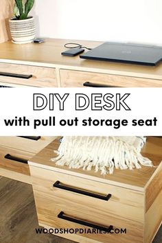 the diy desk with pull out storage seat is made from wood and has a laptop on it