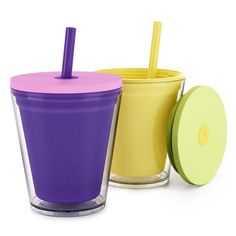 three different colored tumblers with lids and straws on the top one is yellow, purple, and green