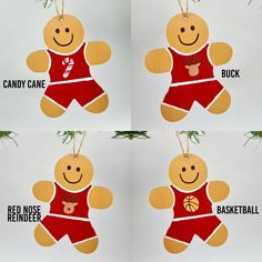 four christmas ornaments with the words candy cane, basketball, and gingerbread on them