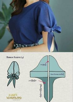 a woman wearing a blue top with a bow on the front and back, in an origami style