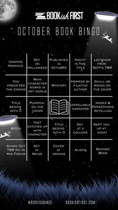 Vampire romance, Set on Halloween, Published in October, “Night” in the title, Leftover from Sept’s TBR, You predicted the ending, Main character works in art world, Mystery, Horror by a Latinx author, Skull or bones on the cover, TItle begins with C, Pumpkin cover, Unreliable narrator, Hades & Persephone retelling, Witch, Past catches up with character, Title begins with O, Set at a college, Kept you up at night, Share Oct TBR pic in the forum, Set in Maine, Cover is orange, Aliens, Banned Book October Reading Bingo, October Books, Book Review Journal, Book Challenge