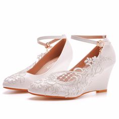 Details: Style: Elegant Embellishment:?Lace Heels Type: Wedge heels Heel height: 2.17inch Closure Type: Buckle Strap Toe: Round Toe Upper Material: PU Sole Material:?Rubber Lining Material: Leather Spring Wedding Wedge Sandals With Round Toe, Spring Wedding Wedge Heels, White Wedge Heel Sandals For Wedding, White Wedge Sandals For Wedding, Elegant White Wedge Sandals For Wedding, Platform Wedge Sandals With Round Toe For Wedding, Elegant Low Heel Wedge Sandals For Wedding, White Wedge Heel Heels For Wedding, Elegant White Low Heel Wedge Sandals