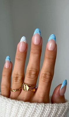 Wave French Tip Nails, Sky Blue French Tip, Beachy Nail Designs, French Nails Design, Blue French Tip Nails, Blue French Tip, Cruise Nails, Wave Nails, Beachy Nails