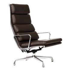 an office chair with brown leather upholstered on the back and chrome frame base