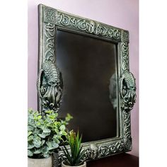 a mirror sitting on top of a table next to a potted plant