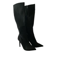 Never Used Boots. 3-3/4" Stiletto Heel Regular: Shaft Height: 15"; Circumference: 14-1/2"; Measured On A Size 6 Pointed-Toe Dress Boots With Side Zipper Closure Cushioned Insole And Flexible Sole For Added Comfort Manmade Upper; Fabric Lining; Rubber Sole Evening Heeled Boots With Pointed Toe, Fitted Knee-high Heeled Boots With 4-inch Heel, Fitted Snip Toe Heels For Fall, Black Fitted High Shaft Heeled Boots, Black High Shaft Fitted Boots, Black Fitted High Shaft Boots, Fitted Black High Shaft Boots, Fitted High Ankle Heels For Office, Fitted Black Knee-high Boots Almond Toe