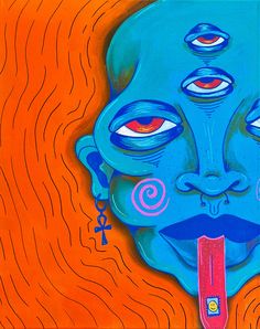 a painting of a blue man with red eyes and tongue sticking out from his mouth