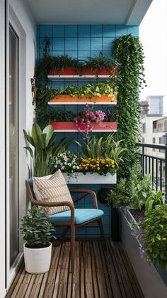 the balcony is filled with plants and potted plants