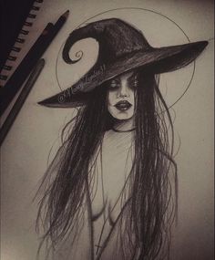 a drawing of a woman with long hair wearing a witches hat and holding a wand