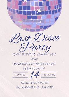 a party flyer with a disco ball on it