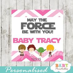 Printable Pink Chevron Star Wars Baby Shower Square Labels, Personalized. #babyprintables Star Wars Baby Shower Favors, Baby Shower Tags, Baby Shower Party Favors