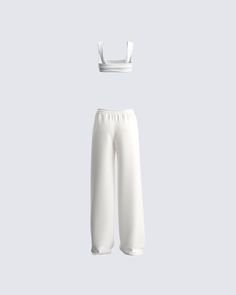 An all-white fit holds power 🤍 Featuring a white jersey cropped top, paired with white straight-leg pants - this casual chic two-piece set will have you standing out wherever you go 🤩 White Crop Top For Summer Loungewear, White Crop Top For Loungewear In Spring, White Sporty Crop Top For Spring, Sporty White Crop Top For Spring, White Cropped Athleisure Crop Top, Chic White Two-piece Pants Set, Chic White Cropped Sets, White Sporty Sets For Spring, White Fitted Two-piece Bottoms Set