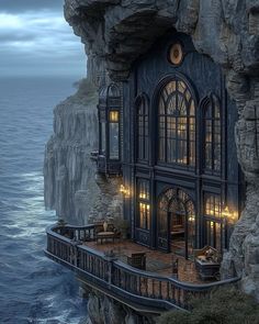 a house built into the side of a cliff by the ocean with stairs leading up to it