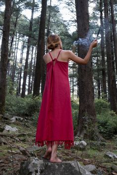 Beautiful red Ahimsa silk dress with handmade fringe Soft and light fabric with rustic texture. Two strings on the shoulders and two loops on the back makes it perfectly adjustable for body shape and size. Perfectly fitting sizes from S to M. Also available in off white, beige and black. https://www.etsy.com/listing/829486694/off-white-ahimsa-silk-fringe-dress?ref=shop_home_active_62&frs=1&cns=1 https://www.etsy.com/listing/799057855/black-ahimsa-silk-fringe-dress-organic?ref=shop_home_a Red Fringe Dresses For Summer, Red Fringe Summer Dress, Red Tasseled Maxi Dress For Summer, Red Maxi Dress With Tassels For Summer, Red Bohemian Dress With Tassels, Long Festival Dress With Tassels, Festival Long Dress With Tassels, Red Summer Dress With Tassels, Red Boho Sundress For Festival