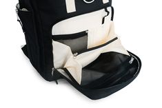 a black and white backpack with two compartments