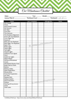 the printable car maintenance checklist is shown in green and white chevrons